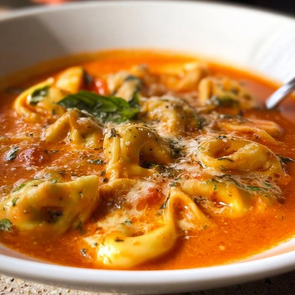 Bowl of homemade Tomato Tortellini Soup with fresh herbs and cheese