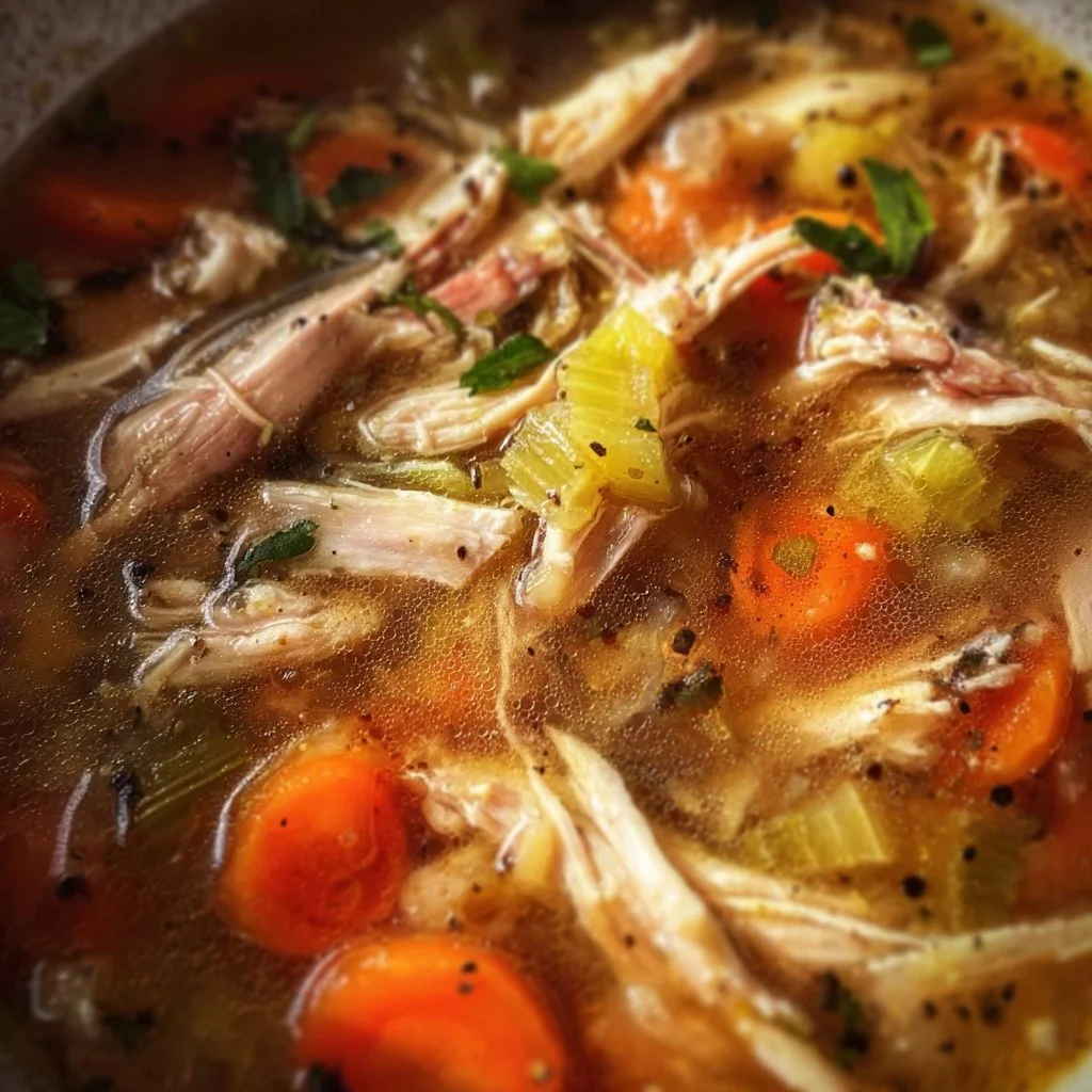 Delicious Turkey Carcass Soup simmering in a pot with vegetables.