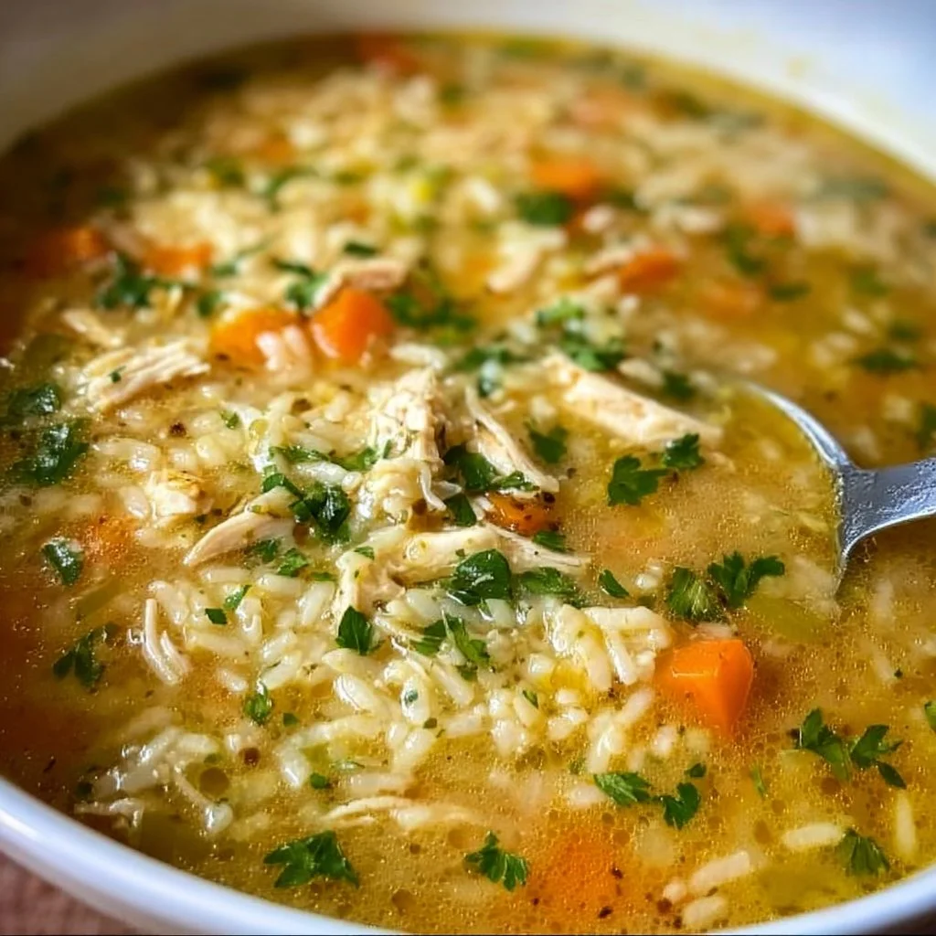 Bowl of homemade Turkey Rice Soup with vegetables and spices