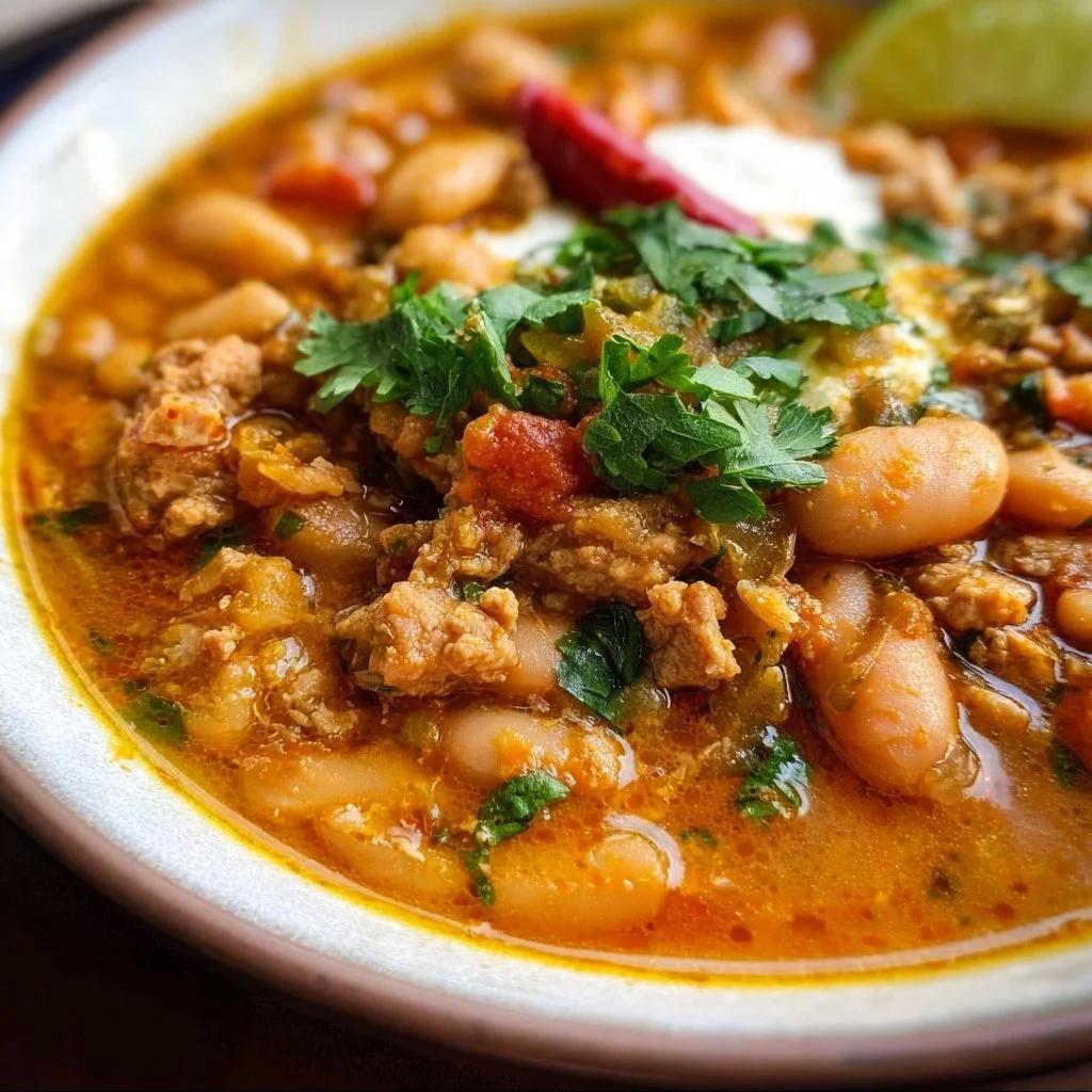Bowl of Turkey White Bean Chili topped with cilantro and jalapeños