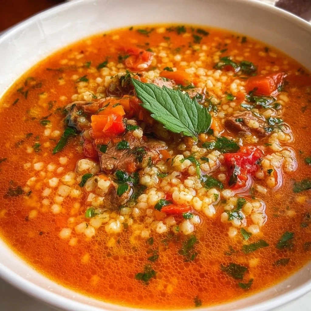 Delicious bowl of Turkish Bulgur Soup garnished with herbs and spices