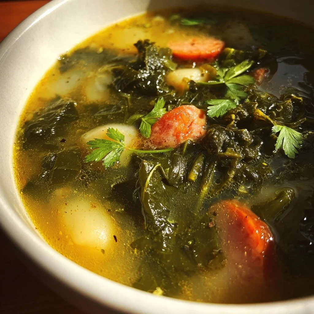 Bowl of homemade turnip green soup garnished with herbs and spices