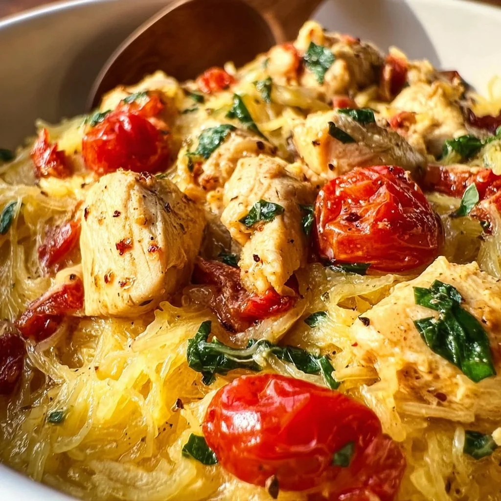 Delicious Tuscan Chicken served with Spaghetti Squash.