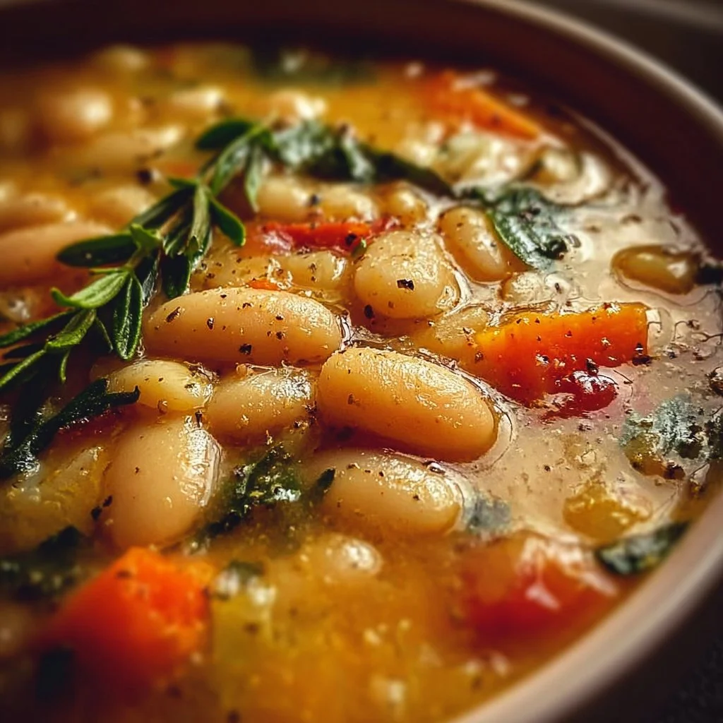 A bowl of delicious Tuscan White Bean Soup garnished with herbs
