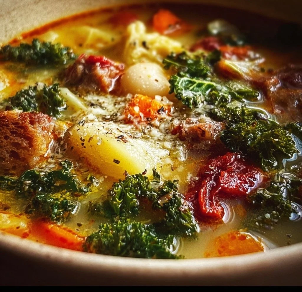 A bowl of homemade Tuscany Soup with vegetables and herbs