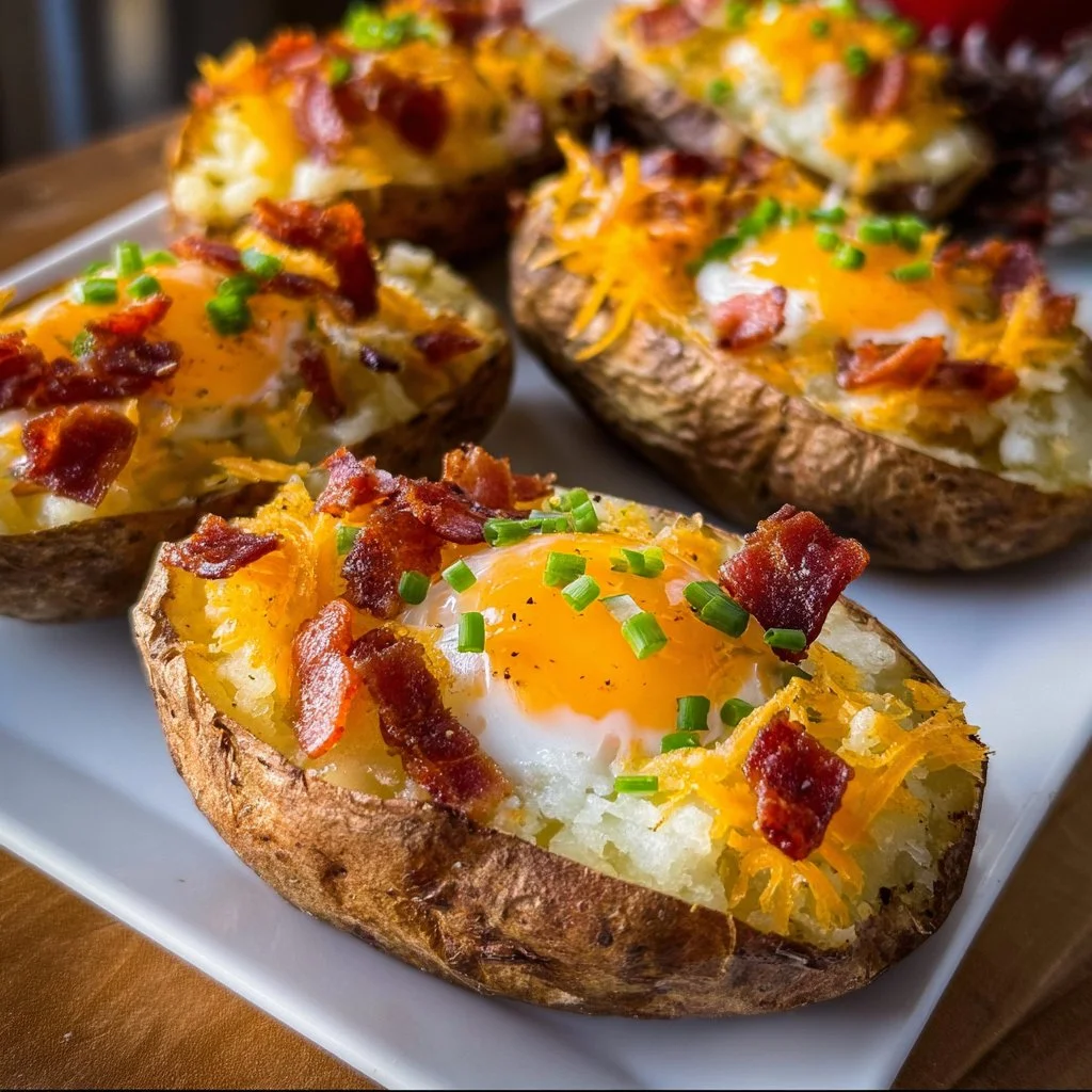 Twice baked loaded breakfast potatoes topped with cheese and bacon.