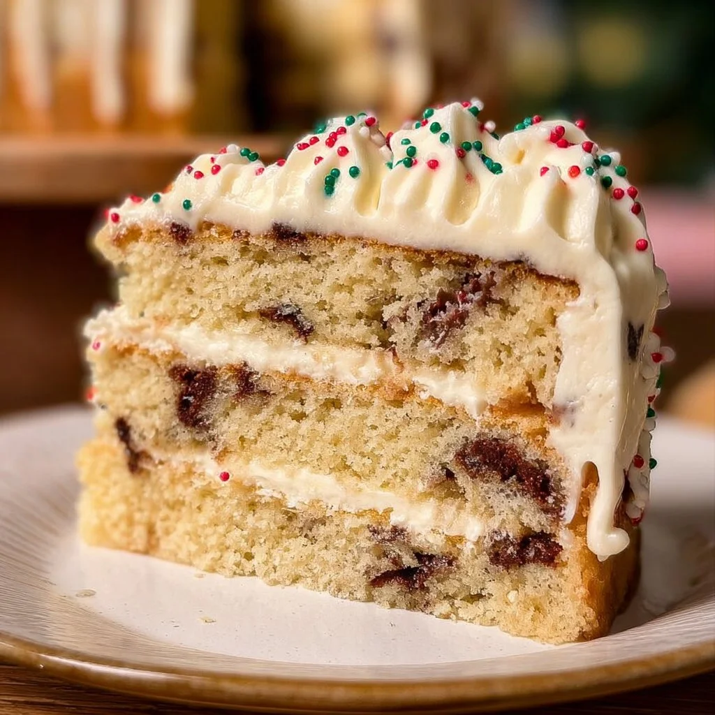 Delicious vanilla cake topped with cookie dough pieces