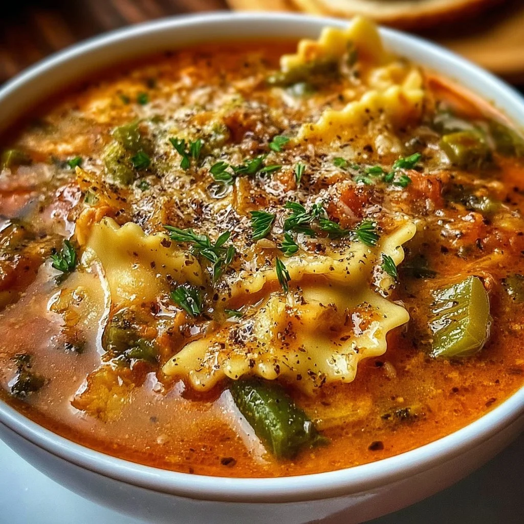 Bowl of Vegan Lasagna Soup topped with fresh basil and vegan cheese