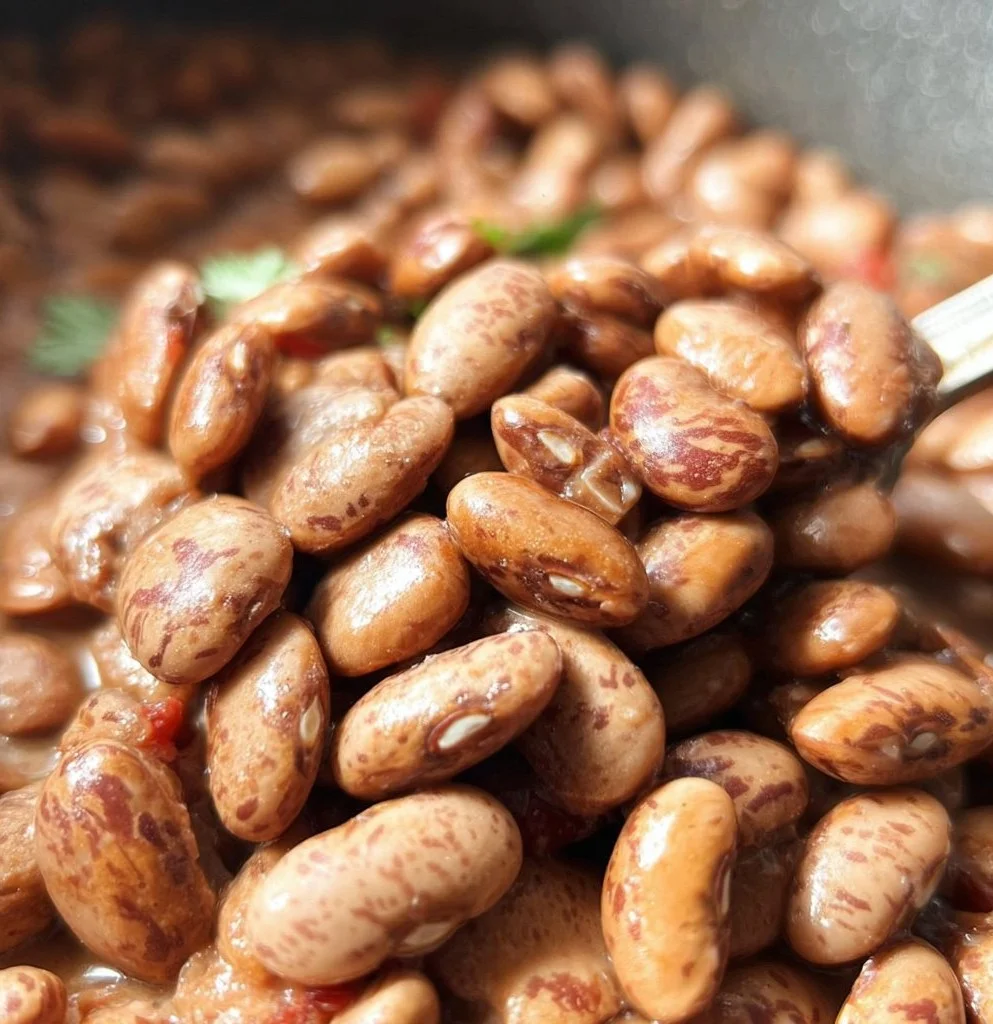 Bowl of Vegan Mexican Pinto Beans with fresh cilantro and spices