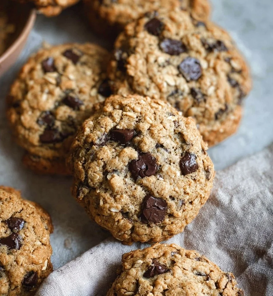 Homemade vegan oatmeal chocolate chip cookies on a baking tray