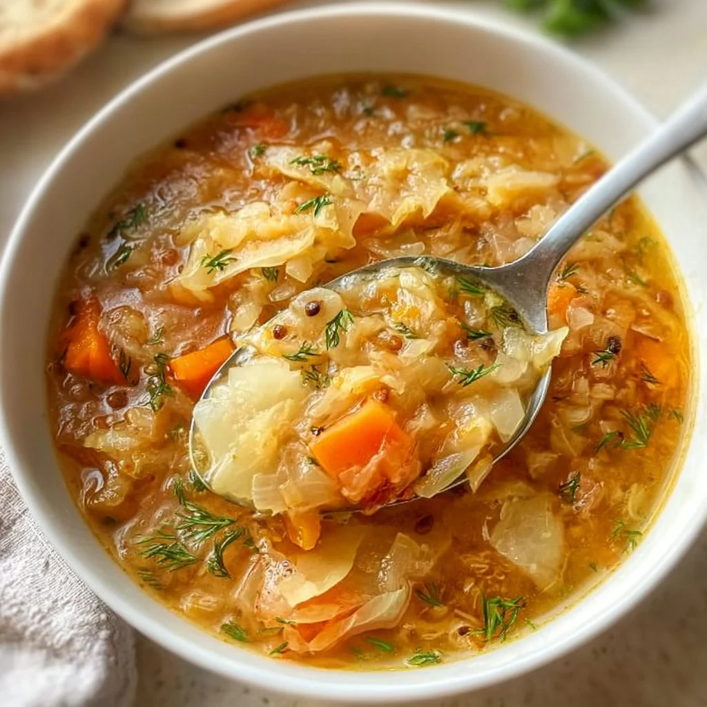 Bowl of flavorful Vegan Sauerkraut Soup with fresh vegetables and herbs.