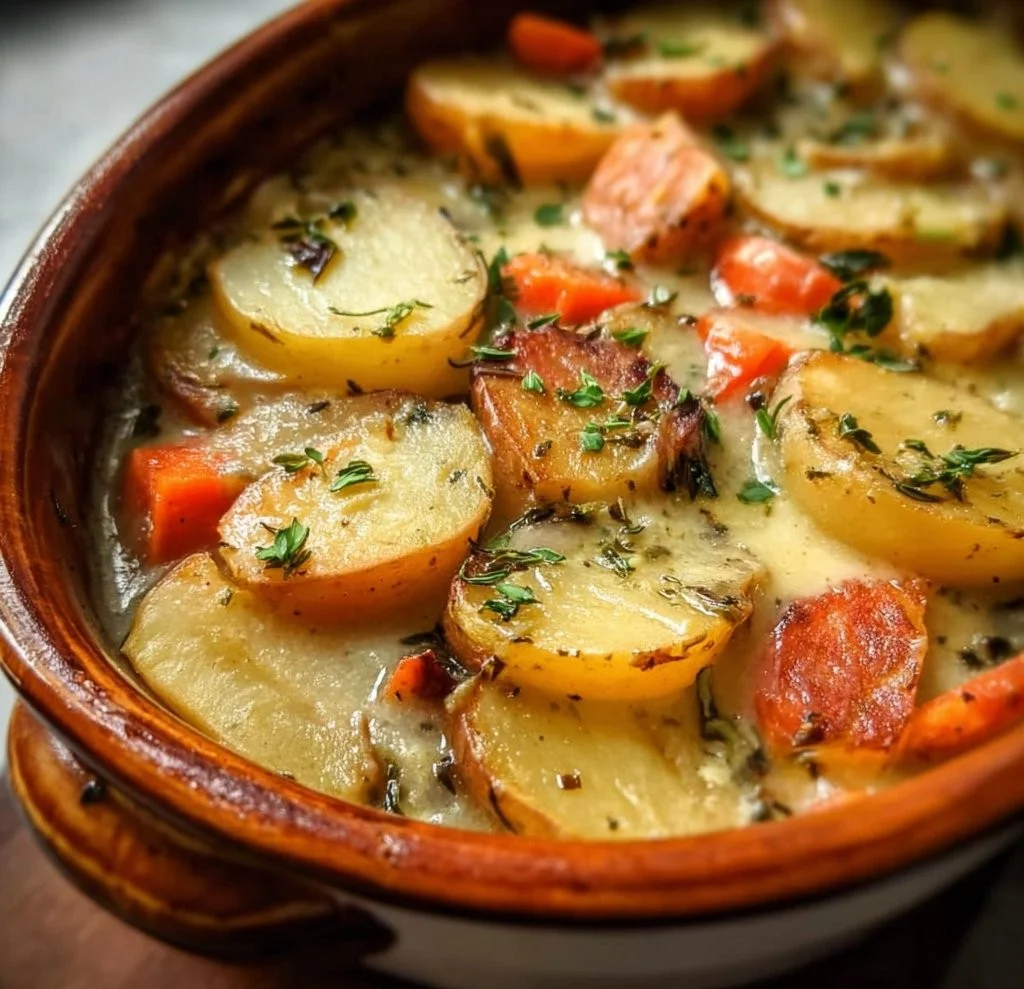 Delicious Vegan Vegetable Potato Bake with colorful veggies and crispy topping.