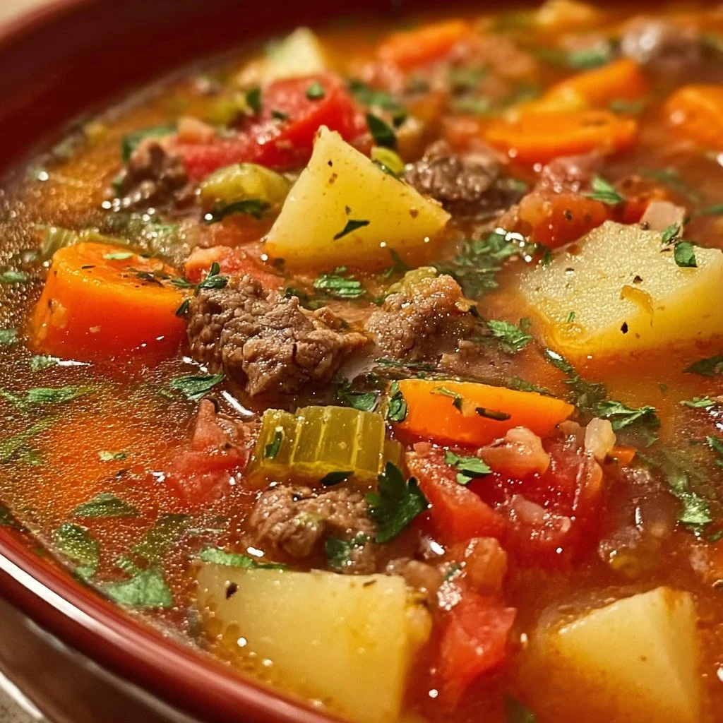 A bowl of hearty Vegetable Beef Soup filled with vegetables and tender beef chunks.