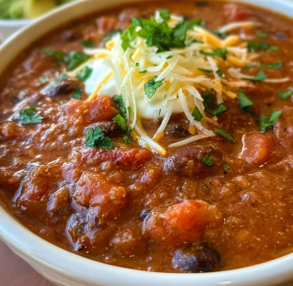 Bowl of delicious vegetarian chili topped with fresh herbs