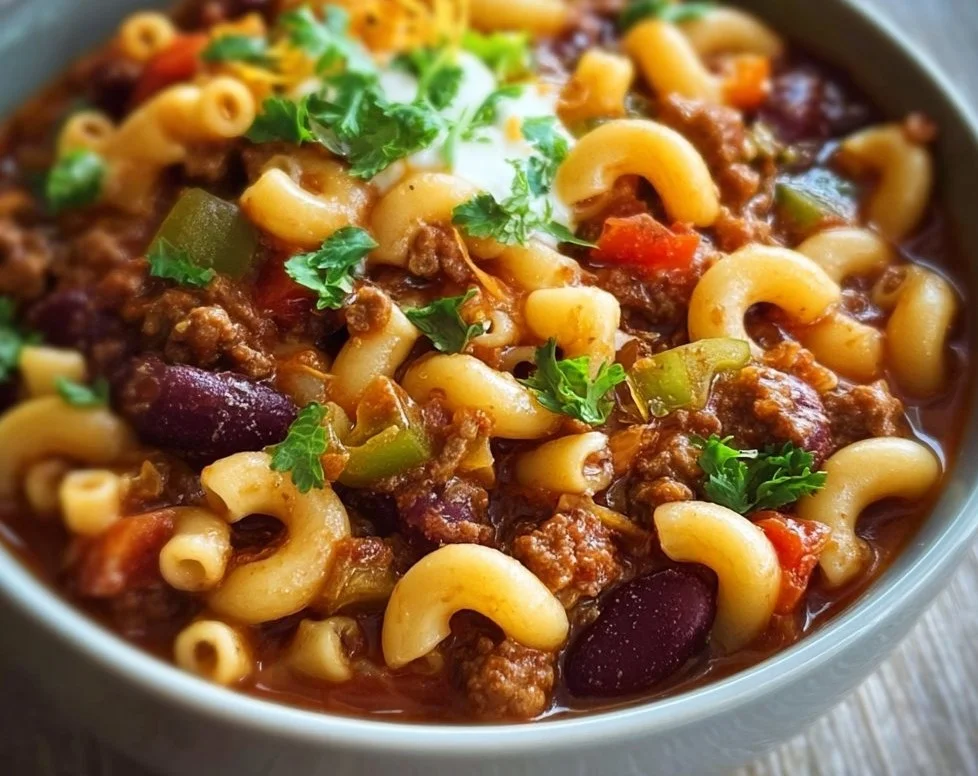 Bowl of Vegetarian Chili Mac topped with fresh herbs and cheese