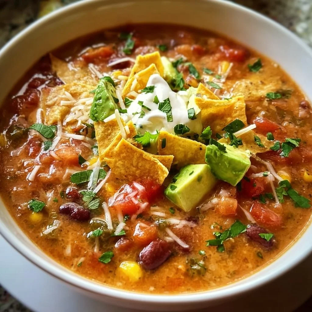 Bowl of Vegetarian Tortilla Soup topped with crispy tortilla strips and avocado