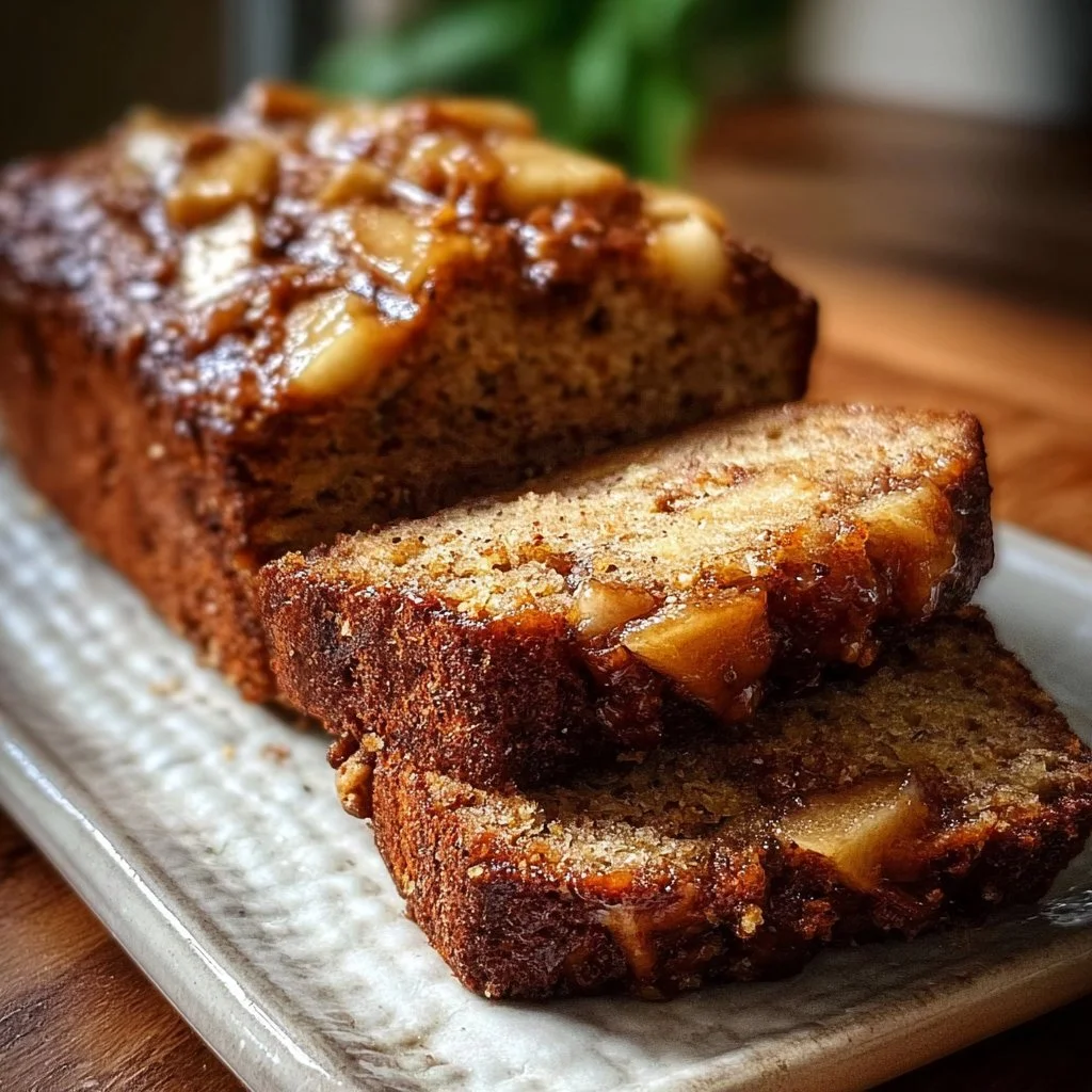 Warm cinnamon-spiced apple bread loaf with slices on a wooden table