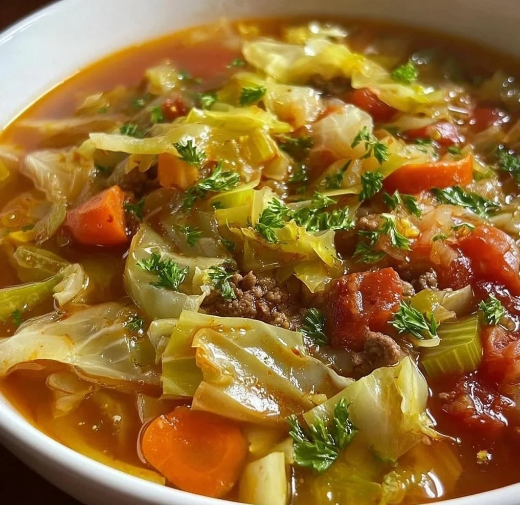 Bowl of Weight Watchers Cabbage Soup with fresh ingredients