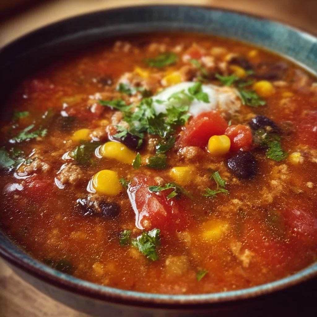 Bowl of Weight Watchers Taco Soup topped with fresh ingredients