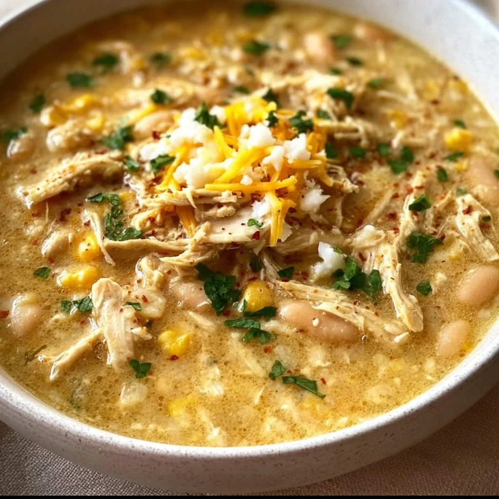 Delicious bowl of White Chicken Chili topped with cilantro and lime.