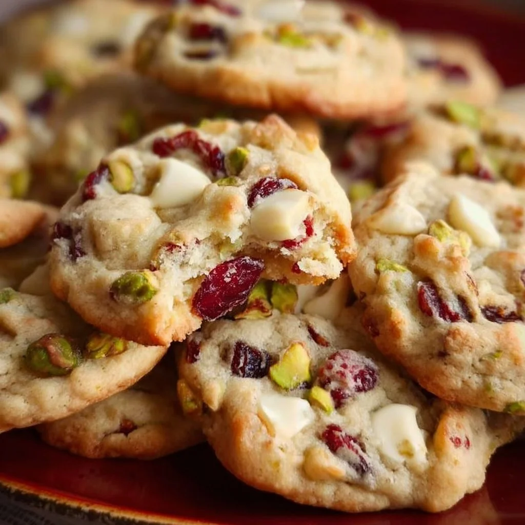 Delicious white chocolate cranberry pistachio cookies on a baking tray