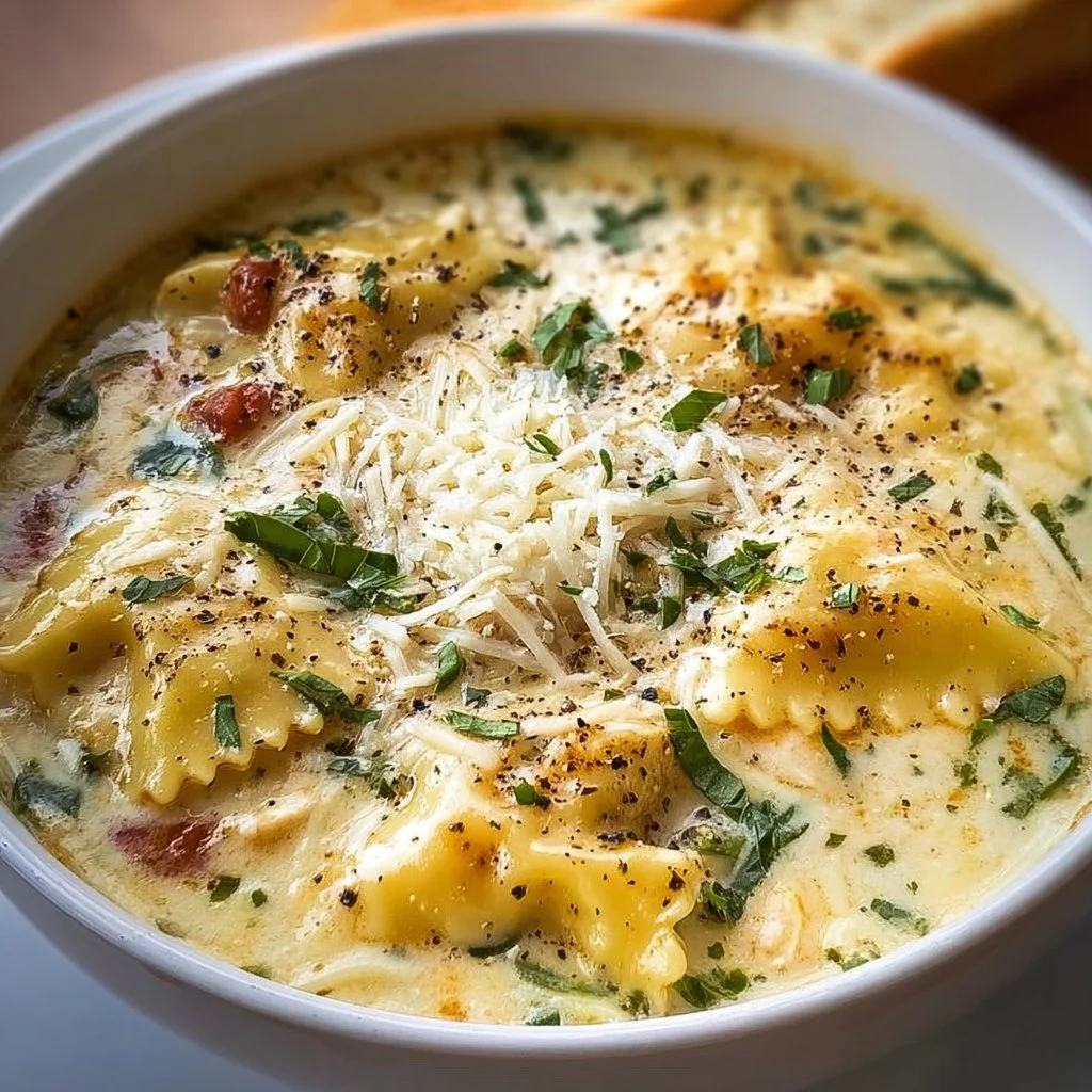 Bowl of White Lasagna Soup topped with cheese and herbs