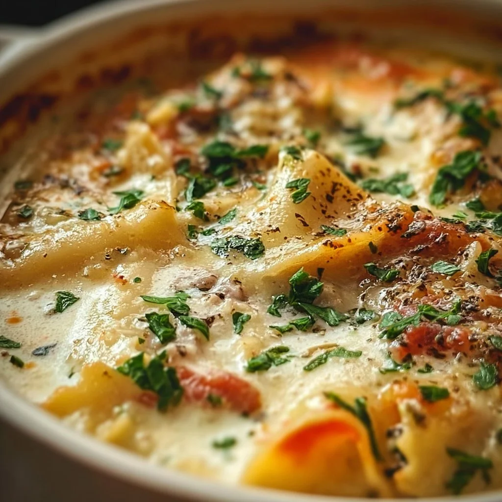 Delicious bowl of white lasagna soup topped with fresh herbs