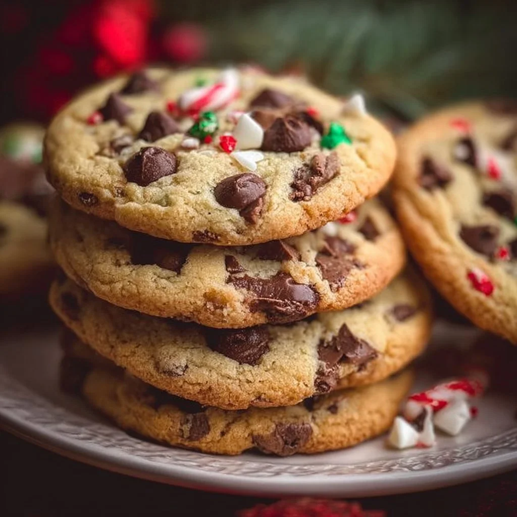 Batch of Winter Wonderland Chocolate Chip Cookies on a festive plate
