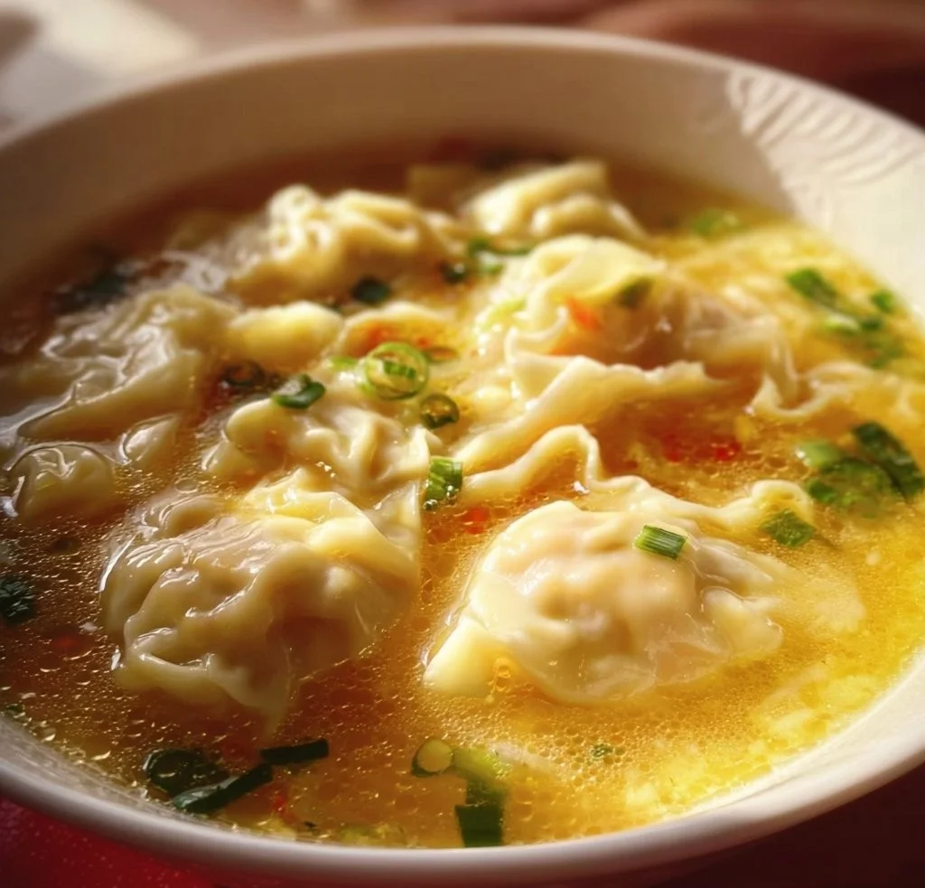Bowl of delicious wonton egg drop soup garnished with green onions and herbs.