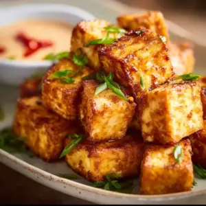 Crispy air fryer tofu served in a bowl with vegetables.