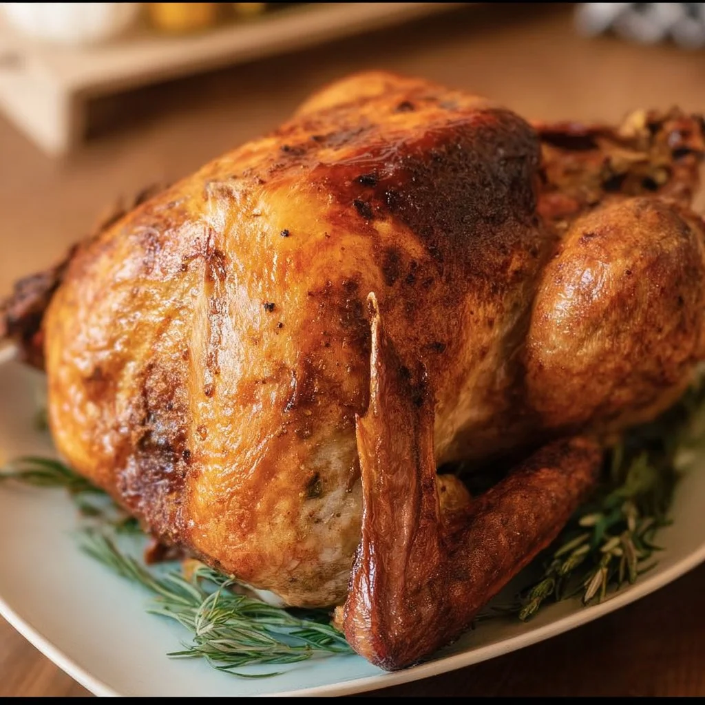A perfectly cooked air fried whole turkey, golden brown and crispy.
