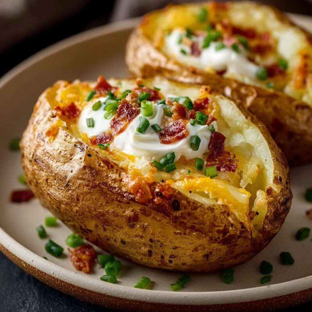 Crispy air fryer baked potato with toppings served on a plate