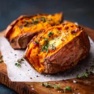 Delicious air fryer baked sweet potato served with toppings.