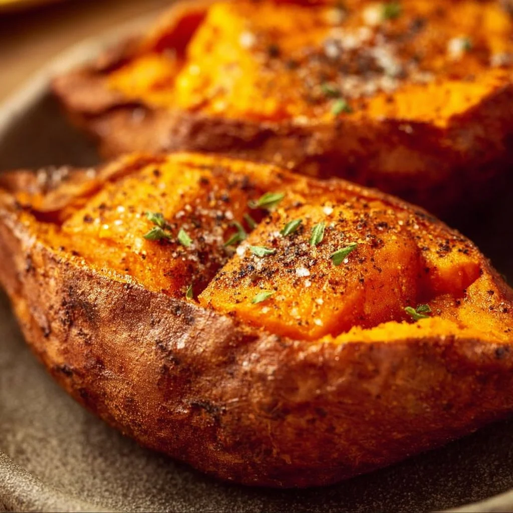 Air fryer baked sweet potatoes served on a plate with toppings