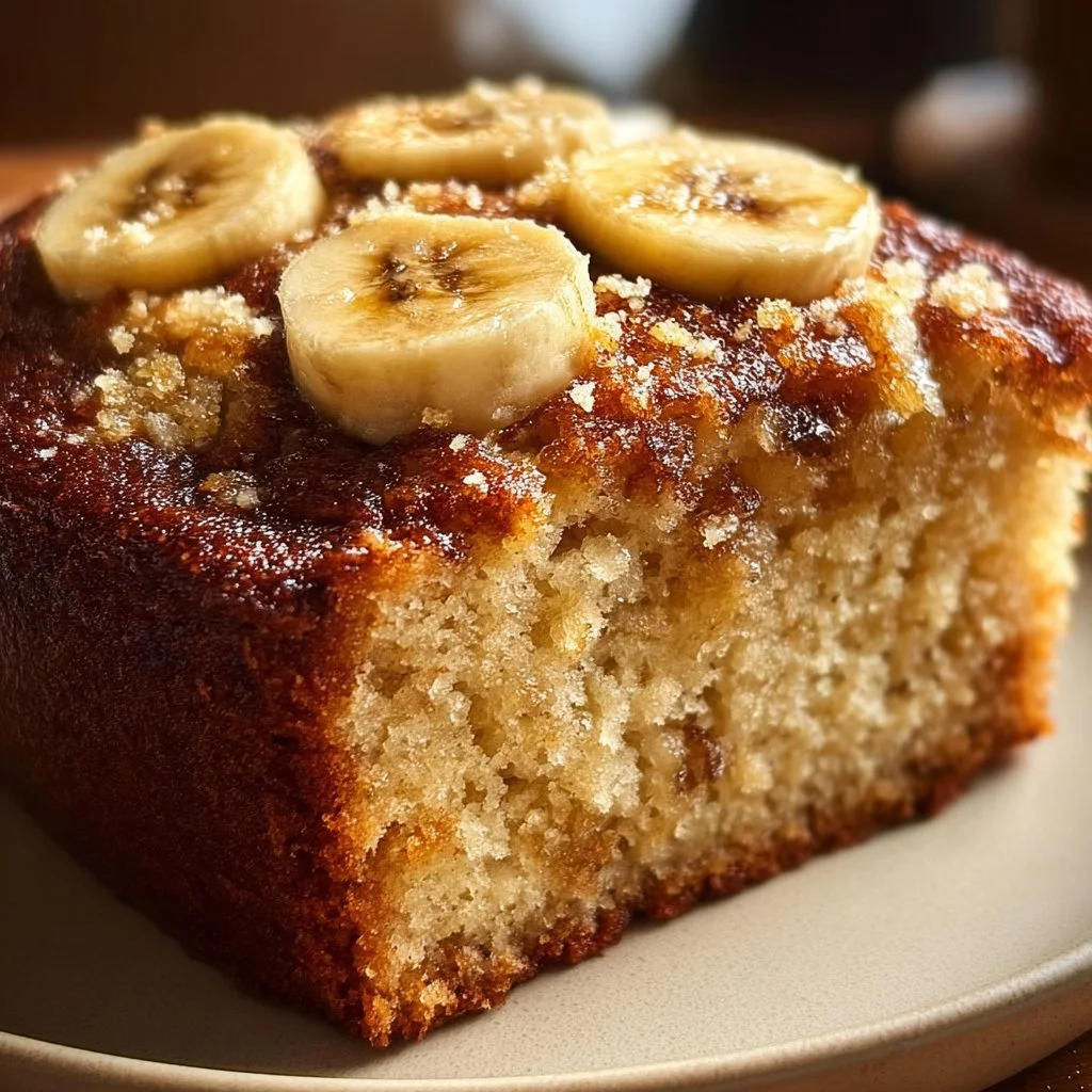 Deliciously baked Air Fryer Banana Cake topped with fresh banana slices.