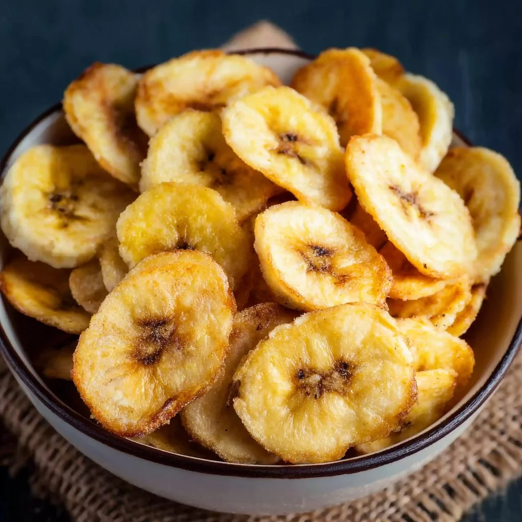 Crispy air fryer banana chips placed on a wooden plate