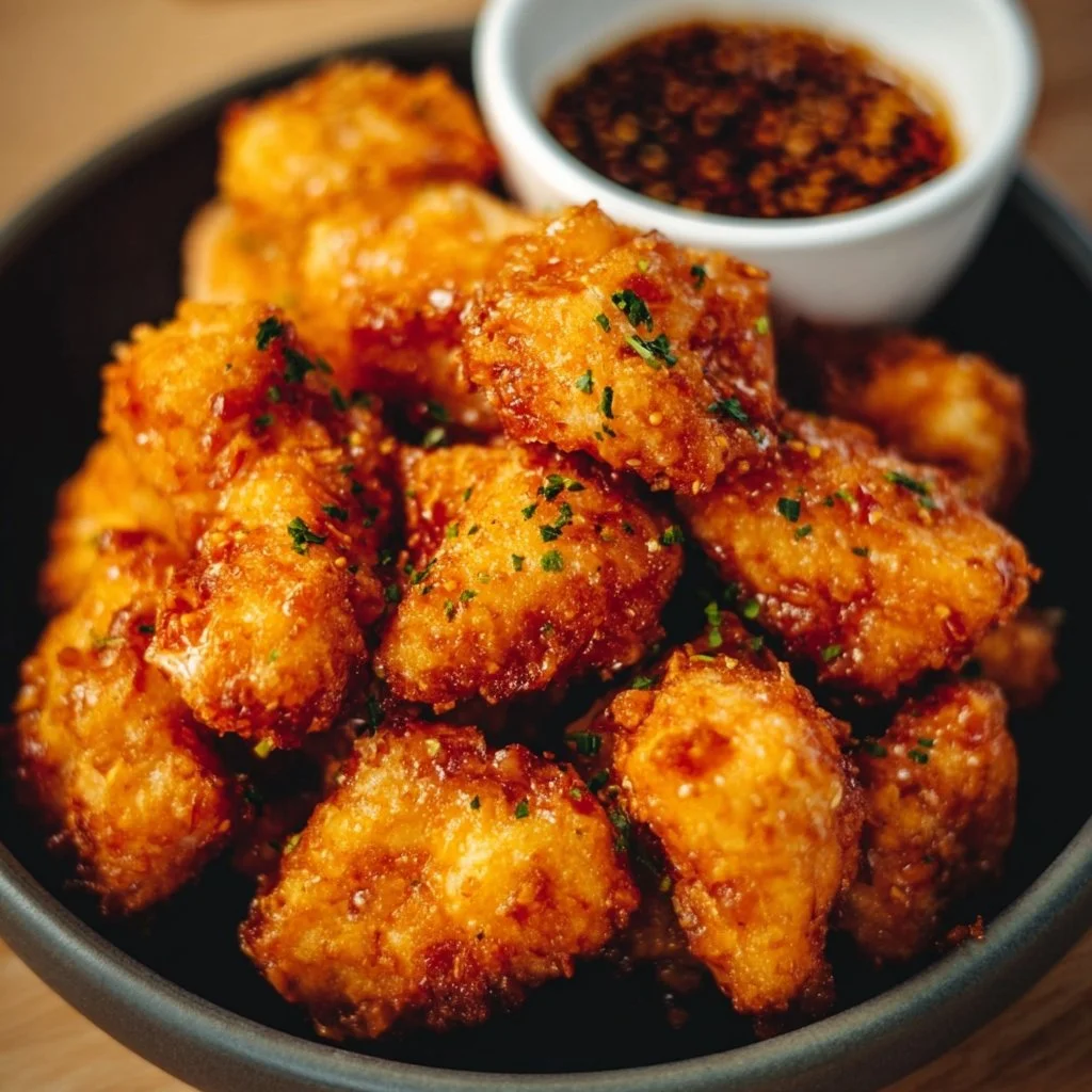 Crispy Air Fryer Bang Bang Chicken served on a plate with dipping sauce.