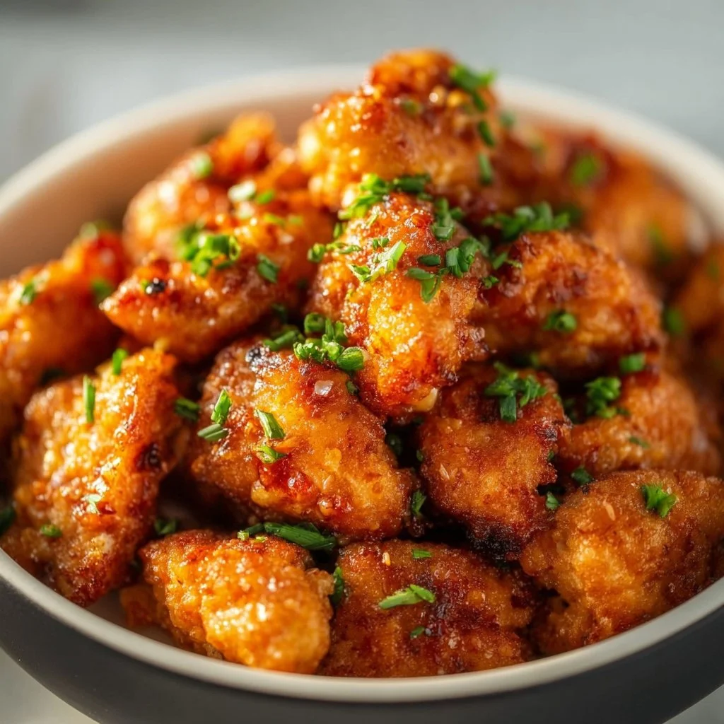 Crispy Air Fryer Bang Bang Chicken served with dipping sauce on a plate