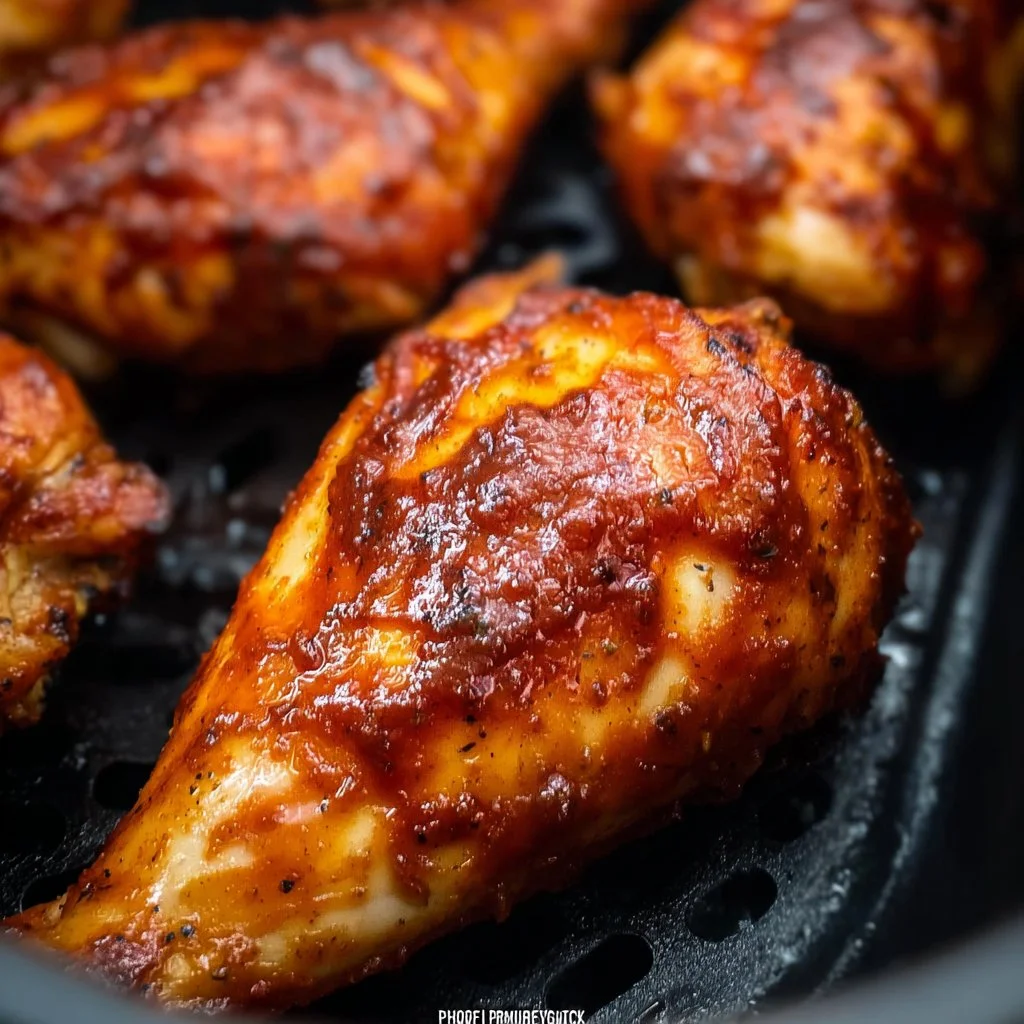 Juicy air-fried BBQ chicken served on a plate garnished with herbs.