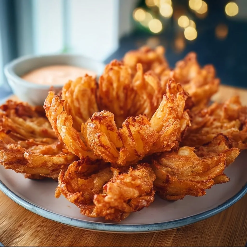 Crispy air fryer blooming onion served with dipping sauce