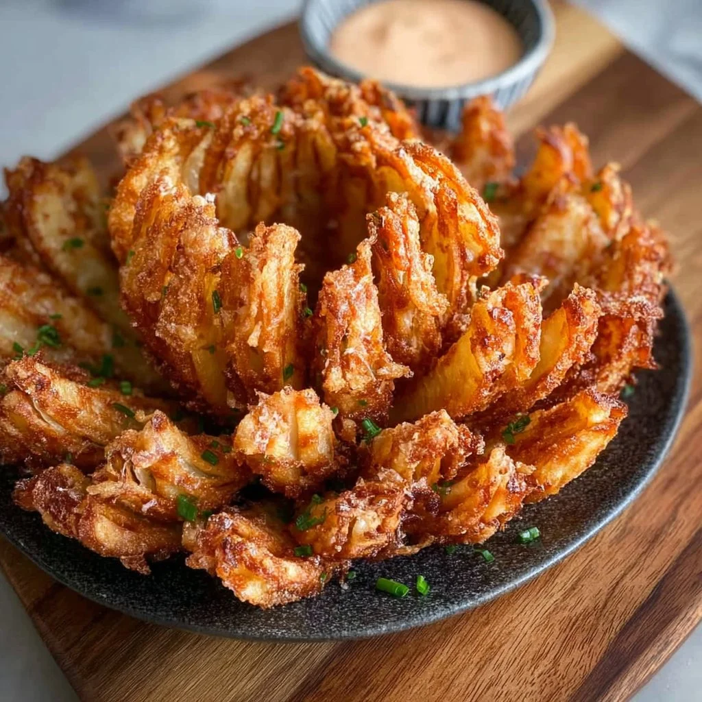 Crispy air fryer blooming onion served with dipping sauce