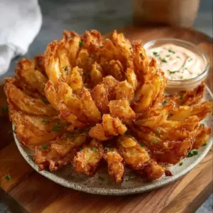 Delicious Air Fryer Blooming Onion served with dipping sauce.