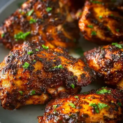 Crispy air fryer boneless chicken thighs garnished with herbs