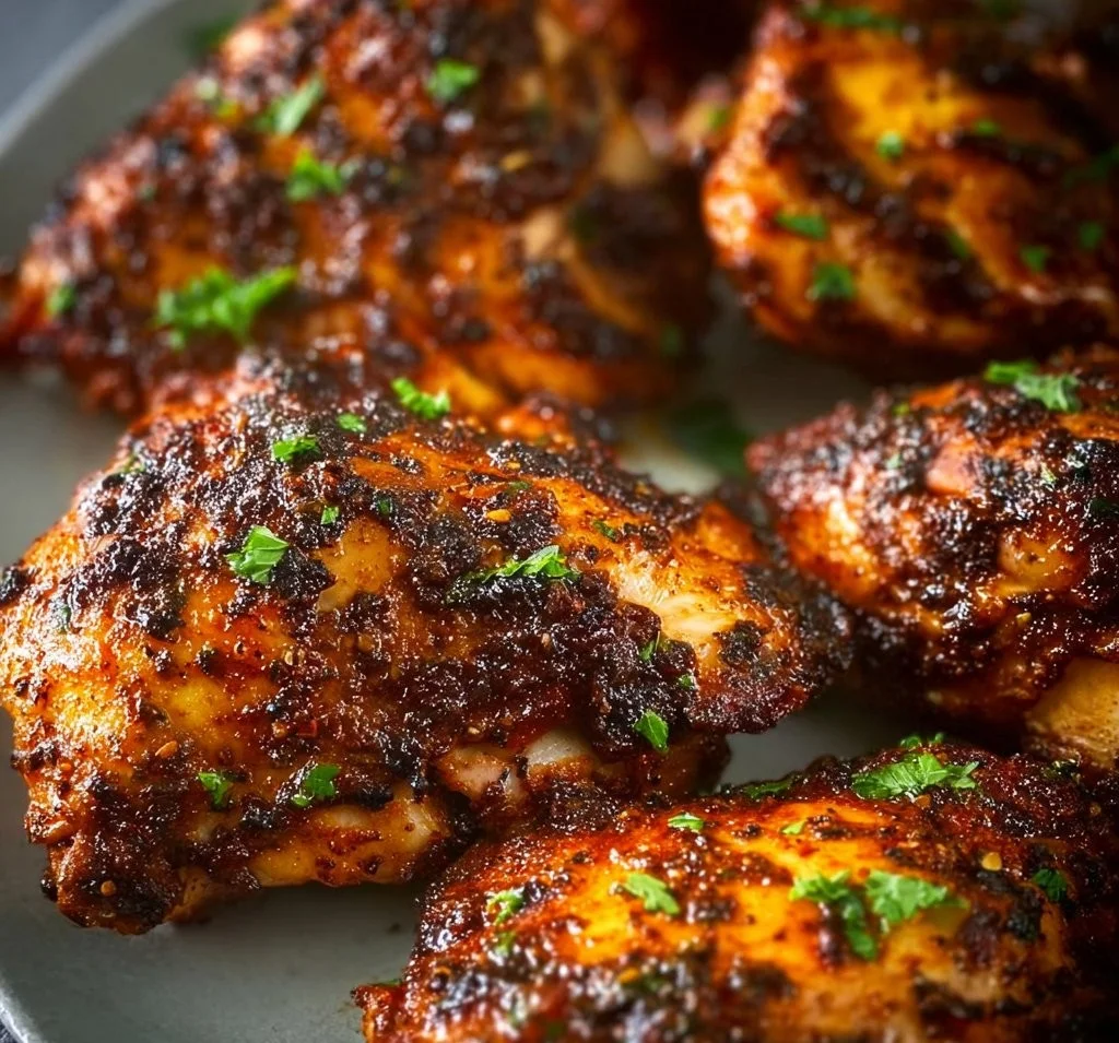 Crispy air fryer boneless chicken thighs garnished with herbs
