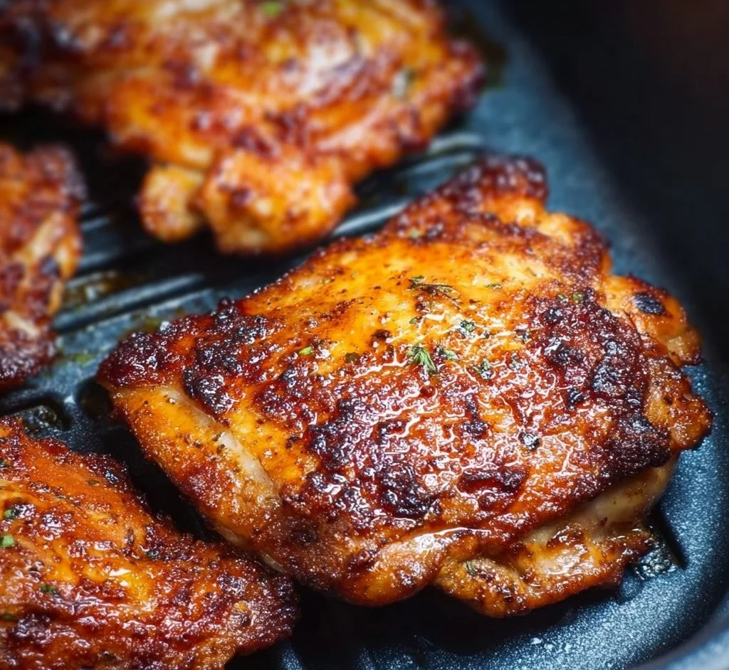 Juicy air fryer boneless skinless chicken thighs served with vegetables