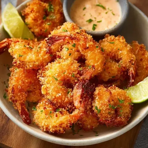 Delicious air fryer breaded shrimp served with dipping sauce on a plate