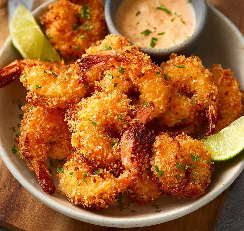 Delicious air fryer breaded shrimp served with dipping sauce on a plate
