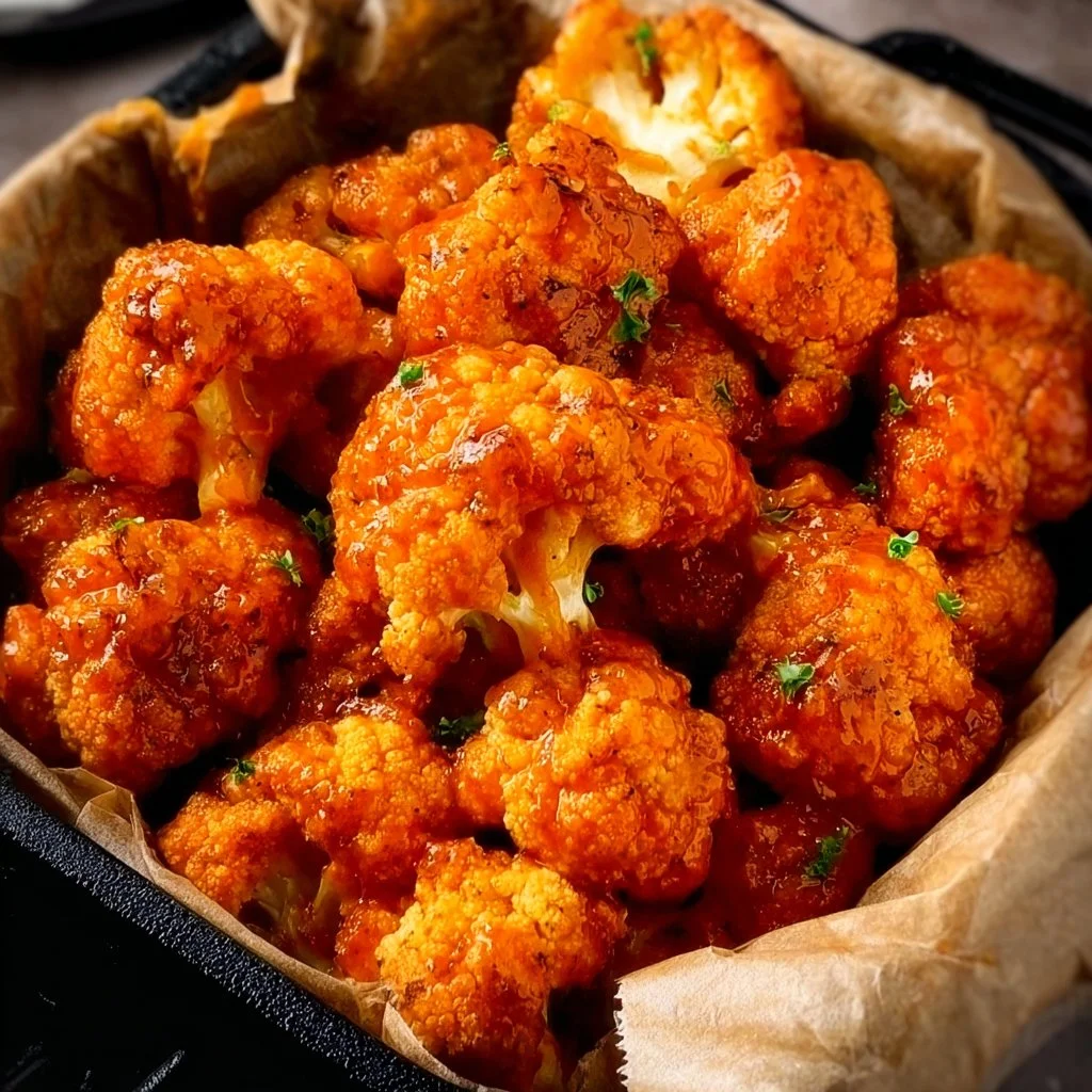 Fried Air Fryer Buffalo Cauliflower Bites served with dipping sauce