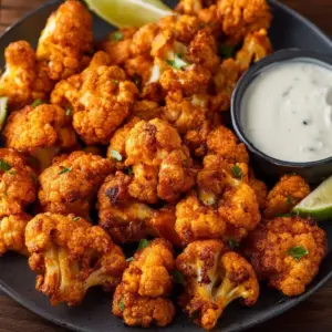 Crispy Air Fryer Buffalo Cauliflower served with a dipping sauce
