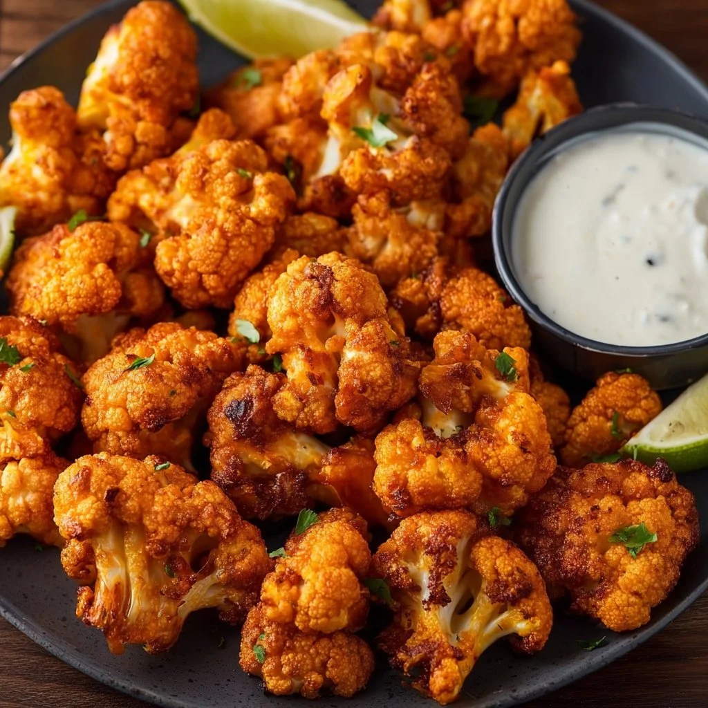 Crispy Air Fryer Buffalo Cauliflower served with a dipping sauce